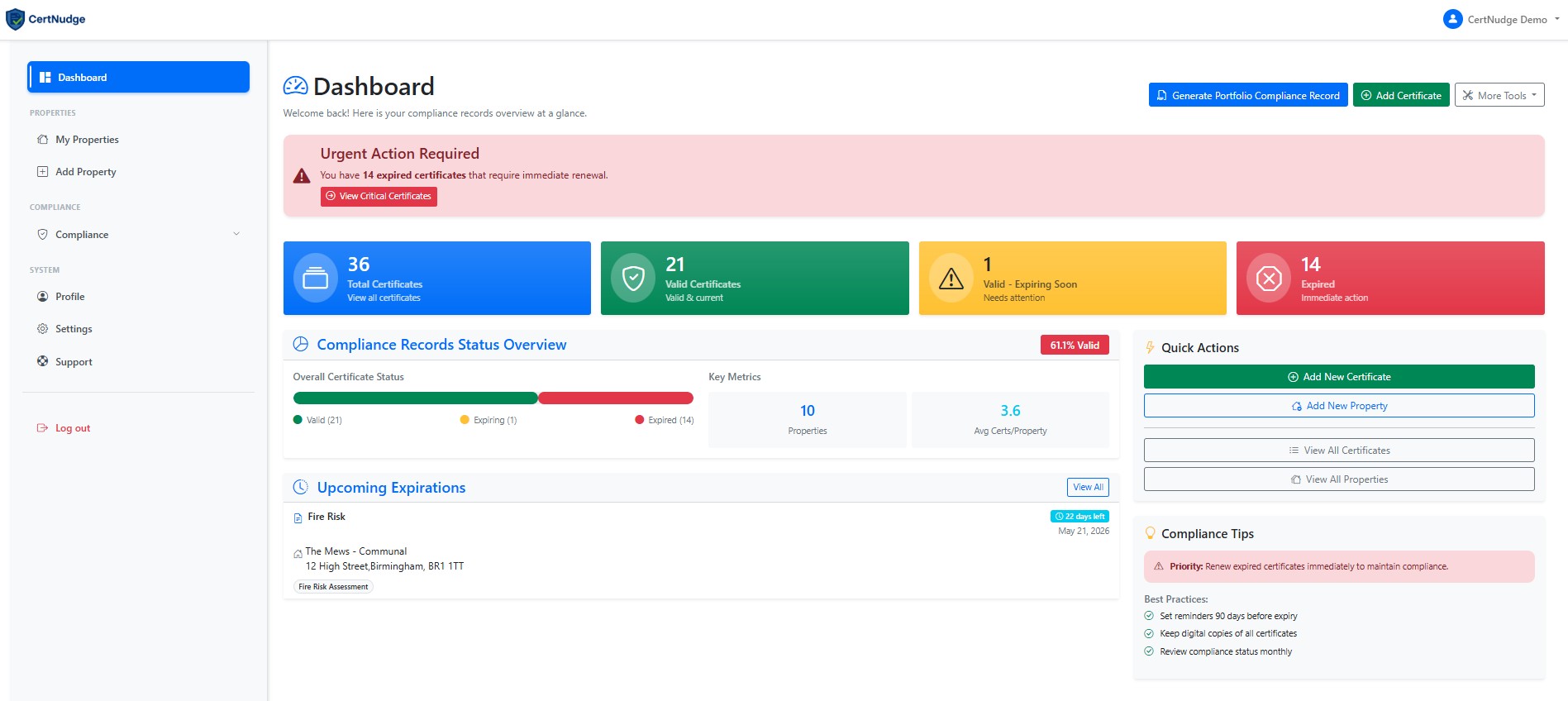 CertNudge dashboard showing compliance tasks and certificate status